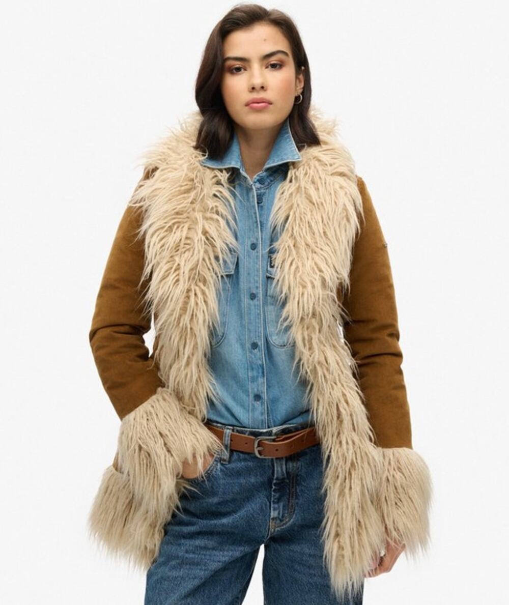 SUPERDRY Faux Fur Lined Afghan Coat Tobacco Brown Penny Lane Sz 12 NWT $230